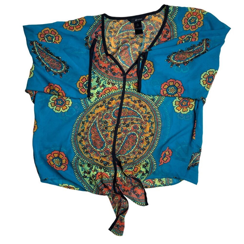 Women's Colorful Blue Paisley Cropped Blouse Tie Front, Large